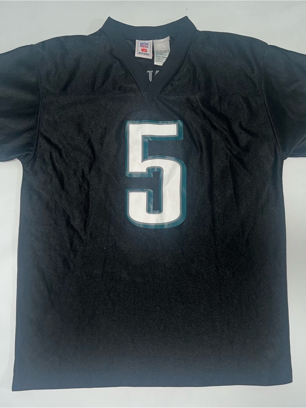 NFL Black Boy XL 18-20 Football Jersey with White Number 5 and Teal Trim